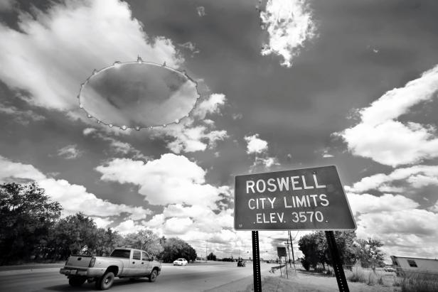 UFO in the town of Roswell,New Mexico in black and white.
